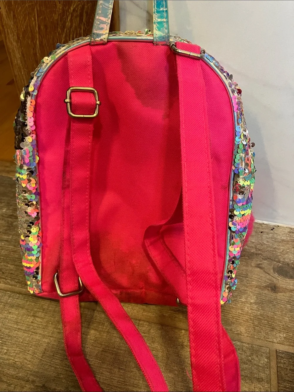 JUSTICE GIRLS SCHOOL MINI BACKPACK SILVER SEQUIN FLIP POMPOM INITIAL R 2019